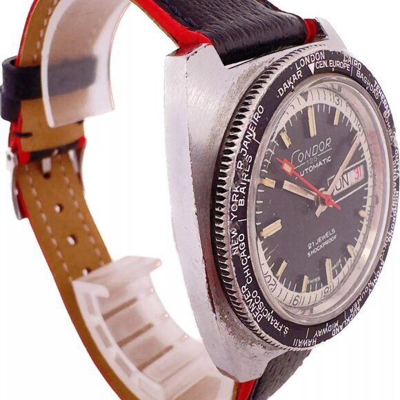 Vintage Condor 125 World Time 21J Men Automatic Wristwatch RondaMatic SwissSteel - Picture 4 of 12
